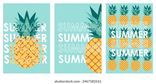 Hello summer posters set in abstract style. Creative typography vector banner. Tropical summer beach background. Card, poster, cover set. Vector flat illustration.