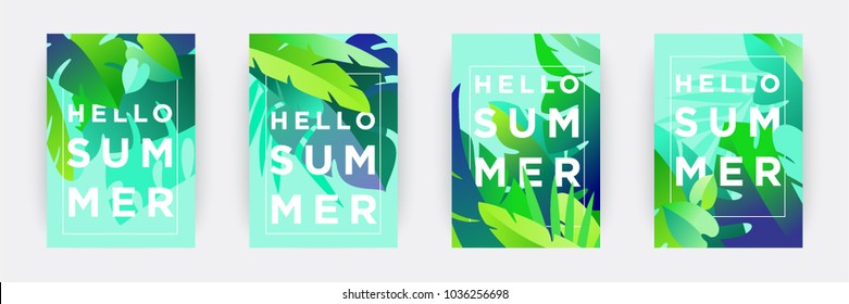 Hello Summer posters set. Tropical themed backgrounds. Green palm leaves with typographic composition. Seasonal sale or promotional templates for print or web. Flat style vector illustration