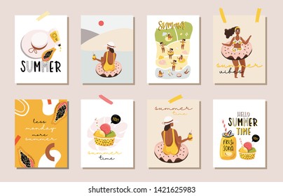 Hello summer posters in vector. Cute sunbathing girls, fruits, palm leaves and lettering in stylish colors. Cartoon characters.