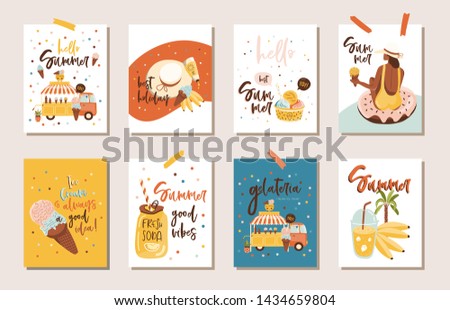 Hello summer posters in vector. Cute sunbathing girl, fruits, ice cream, palm leaves and lettering in stylish colors. Cartoon characters.