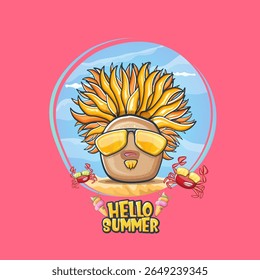 Hello Summer Potato Character Vector, Funny Mascot with Sunglasses, Palm Tree Hair, Crabs, Ice Cream, Tropical Holiday Graphic, Vacation Time, Kids Apparel Design, Sticker, Label, Cute