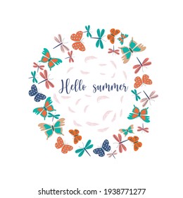 Hello summer! Summer print with multi-colored butterflies and dragonflies with the word "Hello Summer". Vector illustration isolated on white background. 