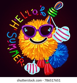 Hello summer print on a dark background . vector illustration of a sun pom-pom with glasses with a smile and a bright pendant. 