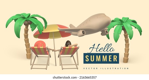 Hello summer promo banner design. Summer 3d realistic render vector objects. Tropical palm tree, sun umbrella, couple on beach chair and plane. Vector illustration.