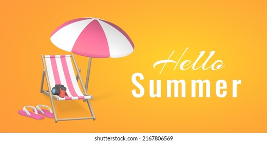 Hello summer promo banner design. Summer 3d realistic render vector objects. Sun umbrella, beach chair, camera and slippers. Vector illustration.