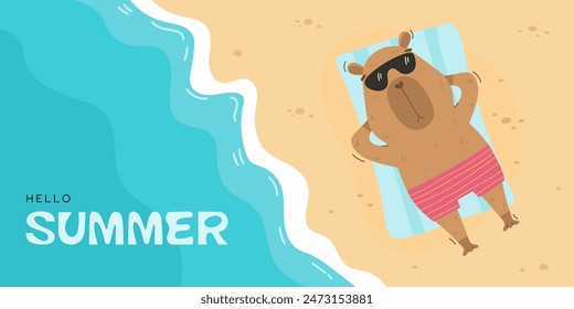 Hello summer promotion banner with funny capybara