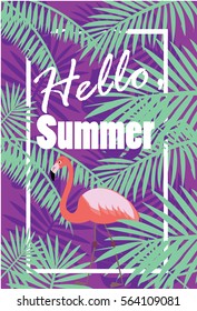 Hello summer purple poster with tropical leaves and flamingo in a frame