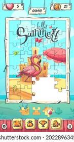 Hello Summer the puzzle plaing screen. Vector illustration. Background image to create original board games, graphic design, screen savers.