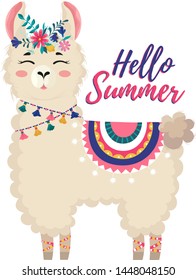 Hello Summer quLlama illustration; cute hand drawn elements and design for nursery design; poster; birthday greeting card.Running alpaca vector illustration