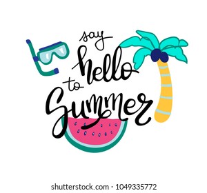 Hello Summer. Summer quote. Handwritten for holiday greeting cards. Hand drawn illustration. Handwritten lettering. Hand Drawn lettering. Summer card design elements. Vector 10 eps