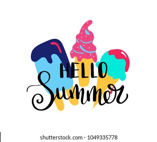 Hello Summer. Summer quote. Handwritten for holiday greeting cards. Hand drawn illustration. Handwritten lettering. Hand Drawn lettering. Summer card design elements. Vector 10 eps
