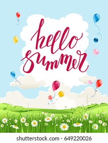 Hello summer quote. Summer or spring landscape for design banner, ticket, leaflet, card, poster and so on. Green grass and flowers scenery.