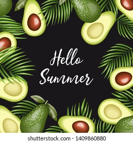 Hello Summer quote. Tropical nature. Palm treeleaves and Fresh avocado. Vector background