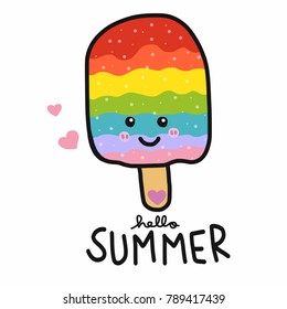 Hello Summer Rainbow ice-cream smile face cartoon vector illustration doodle style 