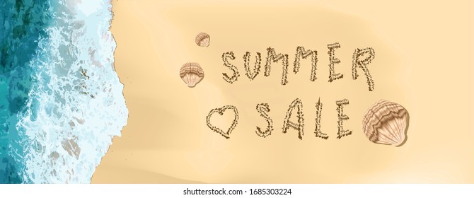 Hello summer. Realistic ocean waves and beach. Horizontal banner for advertising and summer discounts.
