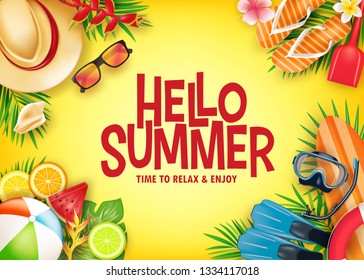 Hello Summer Realistic Vector Banner in Yellow Background with Tropical Elements Like Scuba Diving Equipment, Surf Board, Slippers, Digital Camera, Mobile Phone, Hat Palm Leaves, Fruits