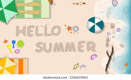 Hello summer with recreation banner background on sandy beach from the high angle view