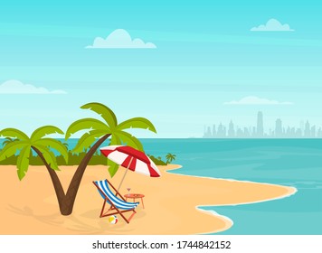 Hello summer. Relaxing scene on a breezy day, deck chair and umbrella. Vector illustration.