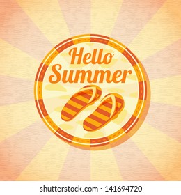 Hello summer retro background with beach slippers. Vector.