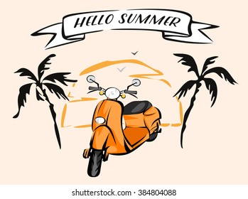Hello summer retro banner. Old scooter vintage illustration. Vector image. Orange aged moped. Palm trees, sunset, gulls and ribbon. Pop art cartoon style.