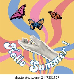 Hello Summer retro  card with hand, butterfly  in halftone art collage. Good mood, positive emotion, bright green banner. Mixed art vector illustration.