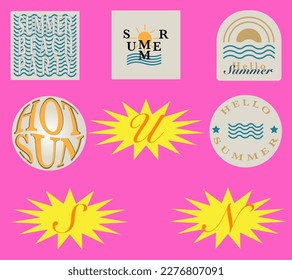 Hello Summer retro graphic sticker set. Summer time chart with . Hippie style illustration print can be for t-shirts. Eps 10