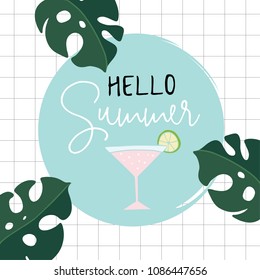 Hello Summer Retro Greeting Card, Invitation With Monstera, Cheese Plant Leaves And Alcoholic Cocktail Drink. Hand Drawn Vector Illustration, Tropical Design. 