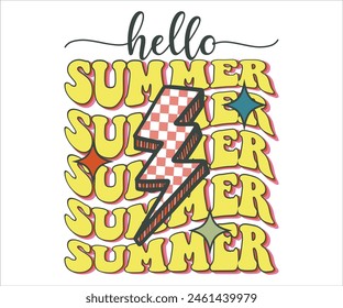 Hello summer Retro Groovy T-shirt, Summer T-shirt Design, Summer Vibes, Beach Quotes, Beach Vibes, Summer Quote, 70s Retro, Ocean, Vacation Quotes, Cut Files For Cricut and Silhouette