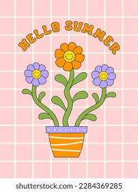 Hello Summer retro hippie design illustration, positive message phrase isolated on a checkered background. Trendy floral vector print in style 70s, 80s