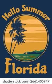 Hello Summer Retro Poster Florida. Tropical coast beach, palm
