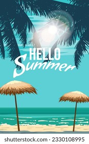 Hello Summer Retro Poster. Tropical resort coast beach, beach straw umbrella, palm, surf, ocean. Summer vacation holiday