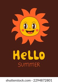 Hello Summer Retro Poster. Vinage style seasonal greeting card with groovy sun and handwritten phrase. Summertime lettering for happy season. Vector illustration