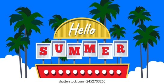 hello summer retro sign palm trees on sky background vector illustration banner poster print design