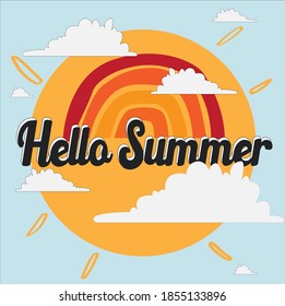 hola lema retro verano con ilustraciones vectoriales de arco iris. Para impresiones de camisetas y otros usos.