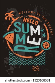 Hello summer retro t shirt design template with sea waves palm tree and seasonal summer fruits. Sun, beach and sea creative banner or card idea. Vector print layout for clothing and textile.