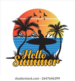 Hello Summer retro vintage T-shirt design with surfer silhouette on a tropical beach at sunset, vector illustration.