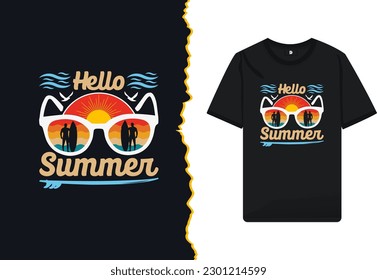 Hello, Summer retro-style t-shirt design template. Editable and customizable summer illustration for a shirt, mug, greeting card, and Poster.