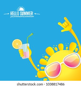 hello summer rock n roll vector label or logo. summer cocktail party poster background with funky smiling sun character wearing sunglasses and holding cocktail glass with lemon and drinking straw.