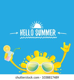 hello summer rock n roll vector label or logo. summer cocktail party poster background with funky smiling sun character wearing sunglasses and holding cocktail glass with lemon and drinking straw.