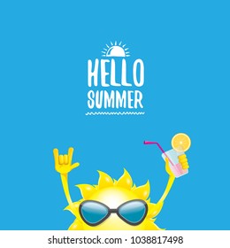 hello summer rock n roll vector label or logo. summer cocktail party poster background with funky smiling sun character wearing sunglasses and holding cocktail glass with lemon and drinking straw.
