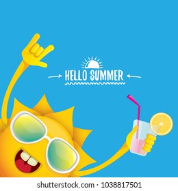 hello summer rock n roll vector label or logo. summer cocktail party poster background with funky smiling sun character wearing sunglasses and holding cocktail glass with lemon and drinking straw.