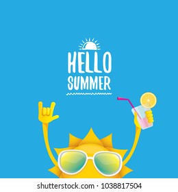 hello summer rock n roll vector label or logo. summer cocktail party poster background with funky smiling sun character wearing sunglasses and holding cocktail glass with lemon and drinking straw.