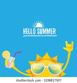 hello summer rock n roll vector label or logo. summer cocktail party poster background with funky smiling sun character wearing sunglasses and holding cocktail glass with lemon and drinking straw.