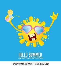 hello summer rock n roll vector label or logo. summer cocktail party poster background with funky smiling sun character wearing sunglasses and holding cocktail glass with lemon and drinking straw.