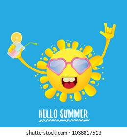 hello summer rock n roll vector label or logo. summer cocktail party poster background with funky smiling sun character wearing sunglasses and holding cocktail glass with lemon and drinking straw.