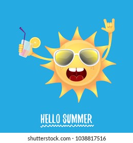 hello summer rock n roll vector label or logo. summer cocktail party poster background with funky smiling sun character wearing sunglasses and holding cocktail glass with lemon and drinking straw.