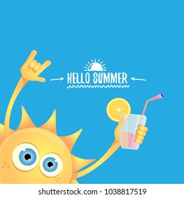 hello summer rock n roll vector label or logo. summer cocktail party poster background with funky smiling sun character wearing sunglasses and holding cocktail glass with lemon and drinking straw.