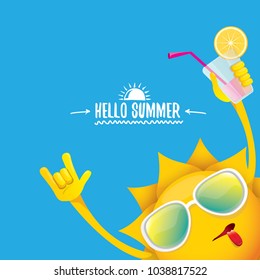 hello summer rock n roll vector label or logo. summer cocktail party poster background with funky smiling sun character wearing sunglasses and holding cocktail glass with lemon and drinking straw.