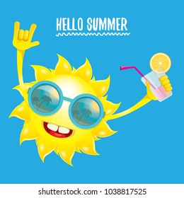 hello summer rock n roll vector label or logo. summer cocktail party poster background with funky smiling sun character wearing sunglasses and holding cocktail glass with lemon and drinking straw.
