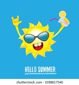 hello summer rock n roll vector label or logo. summer cocktail party poster background with funky smiling sun character wearing sunglasses and holding cocktail glass with lemon and drinking straw.